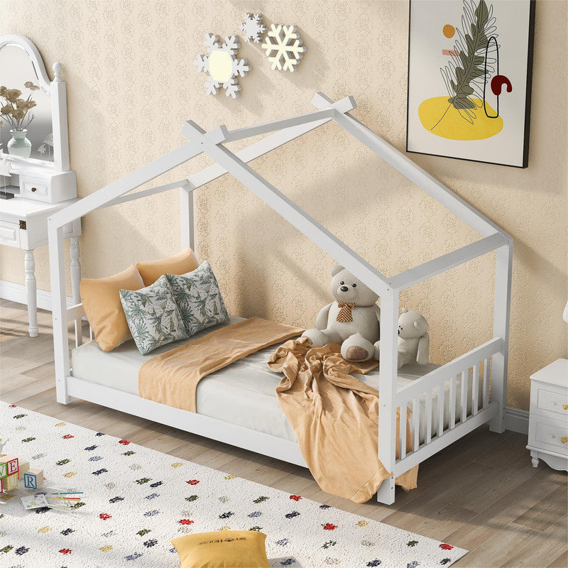 Twin Size Platform Bed with Headboard and Footboard Roof Design