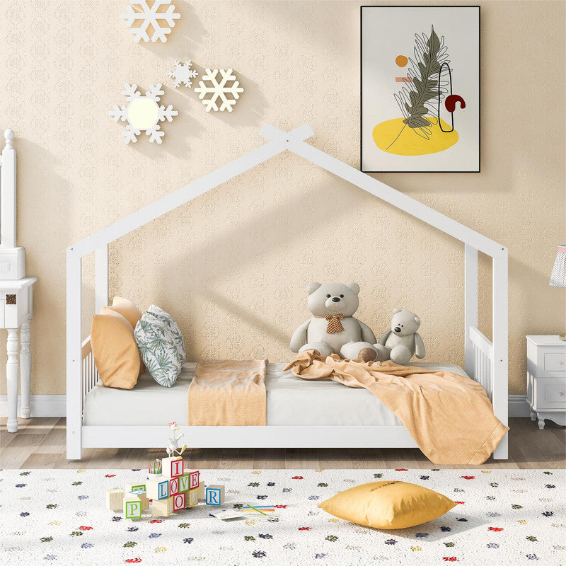 Twin Size Platform Bed with Headboard and Footboard Roof Design