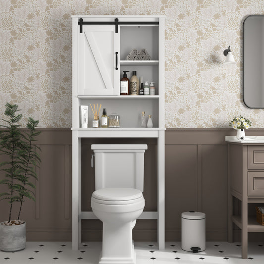 Toilet Storage Cabinet, Space-Saving Bathroom Cabinet with Adjustable Shelves and a Barn Door