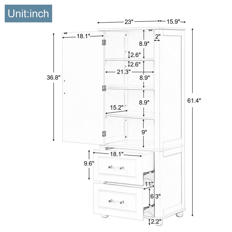 Tall Bathroom Storage Cabinet, Freestanding Storage Cabinet with Two Drawers and Adjustable Shelf