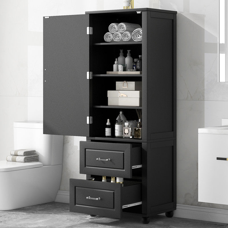 Tall Bathroom Storage Cabinet, Freestanding Storage Cabinet with Two Drawers and Adjustable Shelf