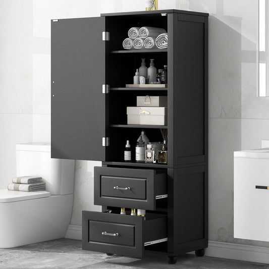 Tall Bathroom Storage Cabinet, Freestanding Storage Cabinet with Two Drawers and Adjustable Shelf