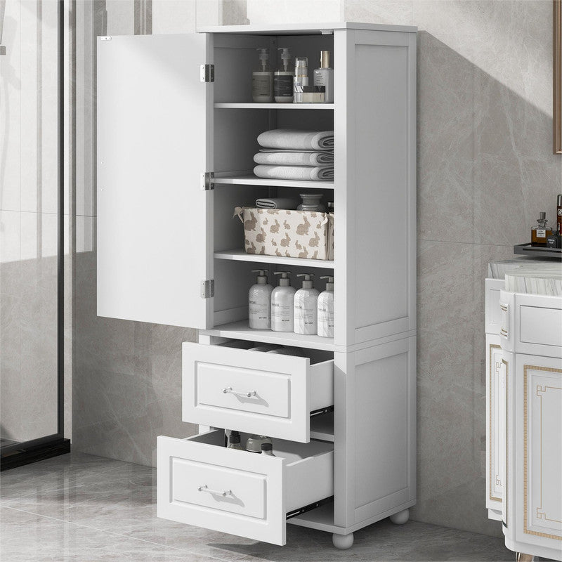 Tall Bathroom Storage Cabinet, Freestanding Storage Cabinet with Two Drawers and Adjustable Shelf