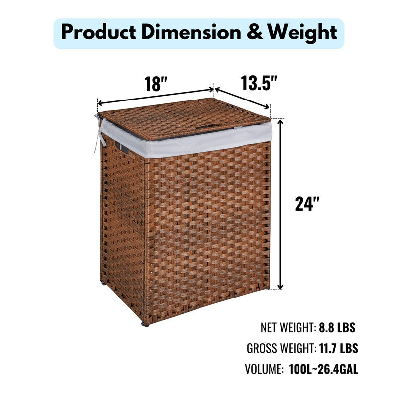 Laundry Hamper with Lid PE Rattan Powder Coating Frame Clothes Hampers with 2 Removable Bags
