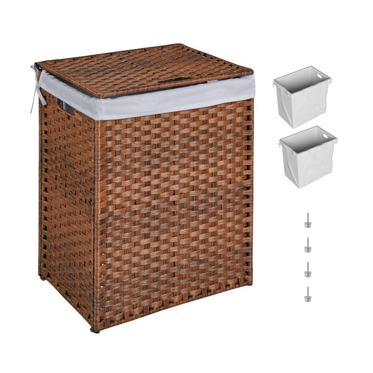 Laundry Hamper with Lid PE Rattan Powder Coating Frame Clothes Hampers with 2 Removable Bags