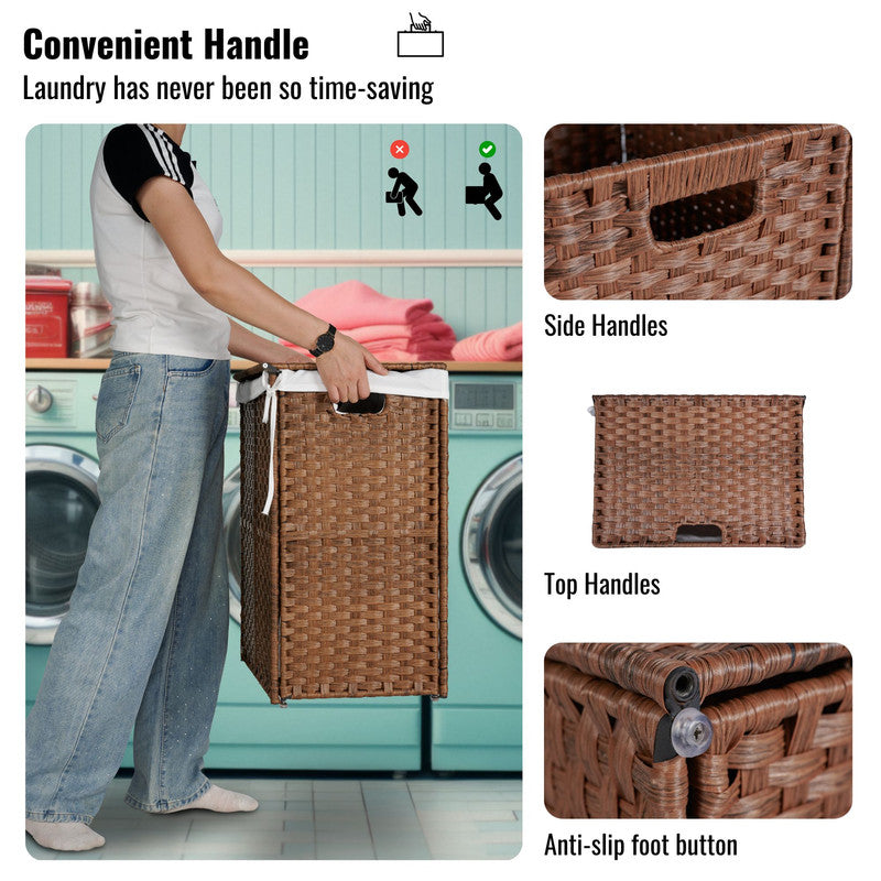 Laundry Hamper with Lid PE Rattan Powder Coating Frame Clothes Hampers with 2 Removable Bags