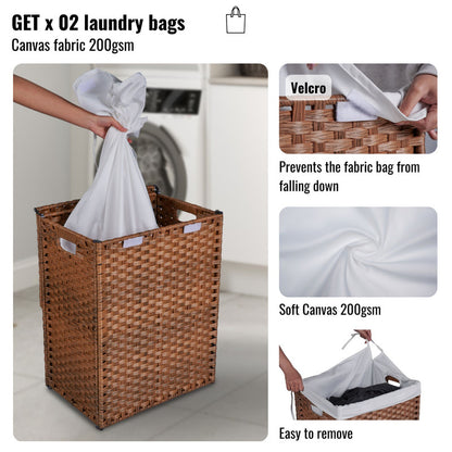 Laundry Hamper with Lid PE Rattan Powder Coating Frame Clothes Hampers with 2 Removable Bags