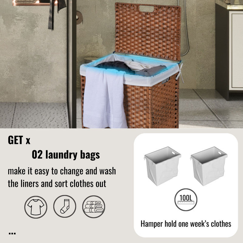 Laundry Hamper with Lid PE Rattan Powder Coating Frame Clothes Hampers with 2 Removable Bags