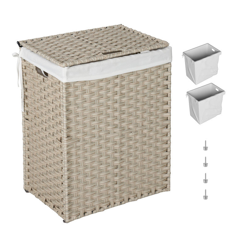 Laundry Hamper with Lid PE Rattan Powder Coating Frame Clothes Hampers with 2 Removable Bags