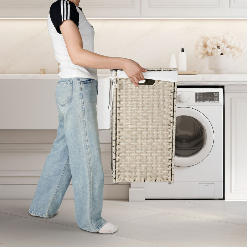 Laundry Hamper with Lid PE Rattan Powder Coating Frame Clothes Hampers with 2 Removable Bags