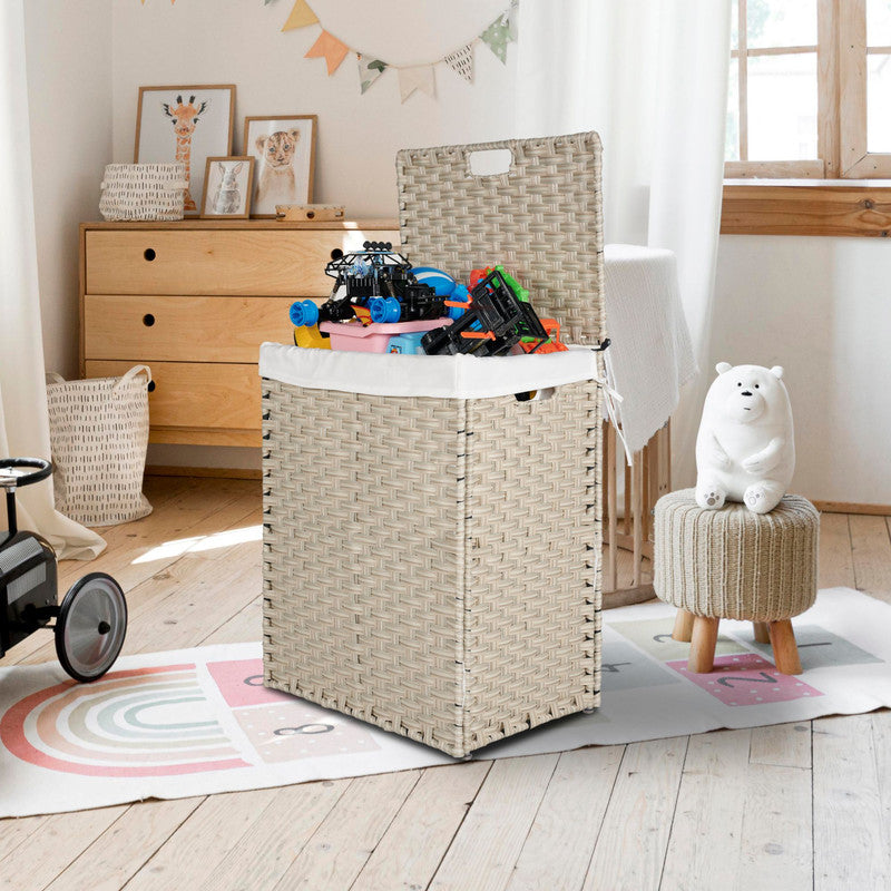 Laundry Hamper with Lid PE Rattan Powder Coating Frame Clothes Hampers with 2 Removable Bags
