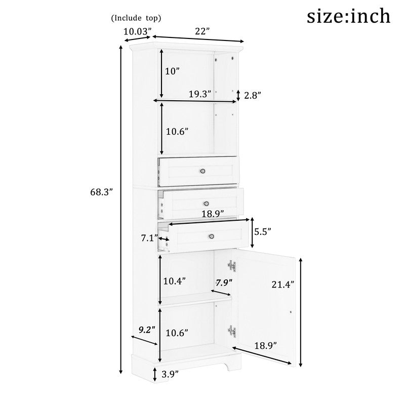 Tall Storage Cabinet with 3 Drawers and Adjustable Shelves