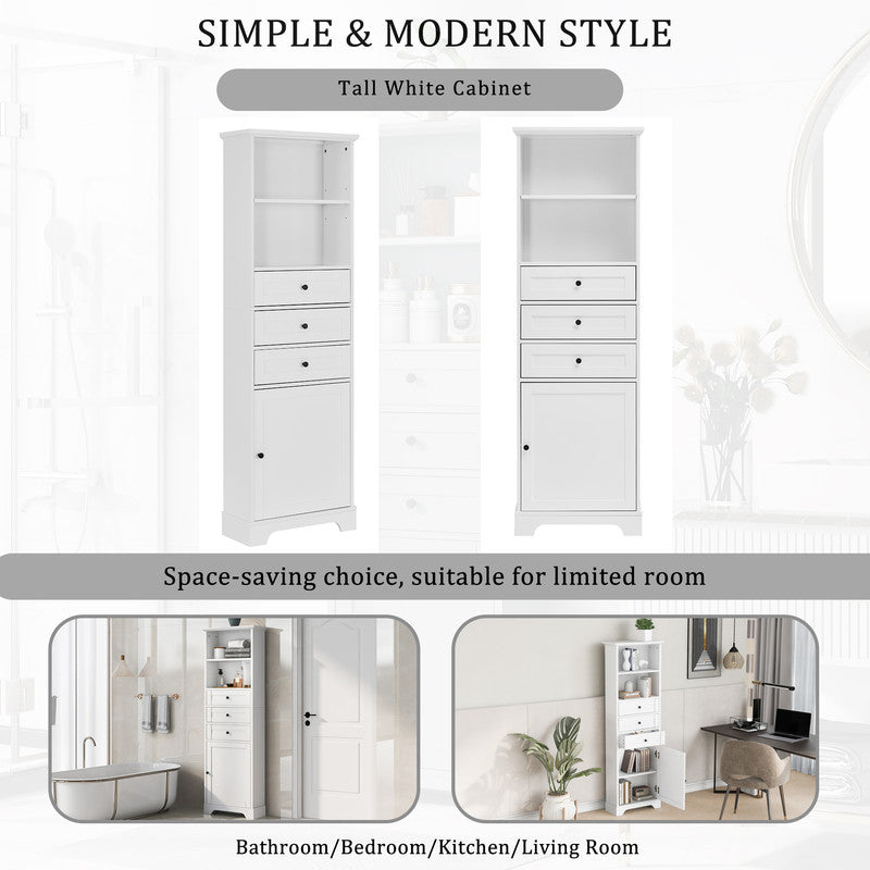 Tall Storage Cabinet with 3 Drawers and Adjustable Shelves