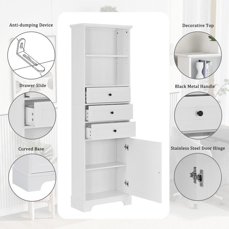 Tall Storage Cabinet with 3 Drawers and Adjustable Shelves