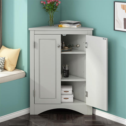 Oak Triangle Bathroom Storage Cabinet with Adjustable Shelves, Freestanding Floor Cabinet