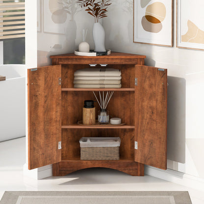 Oak Triangle Bathroom Storage Cabinet with Adjustable Shelves, Freestanding Floor Cabinet