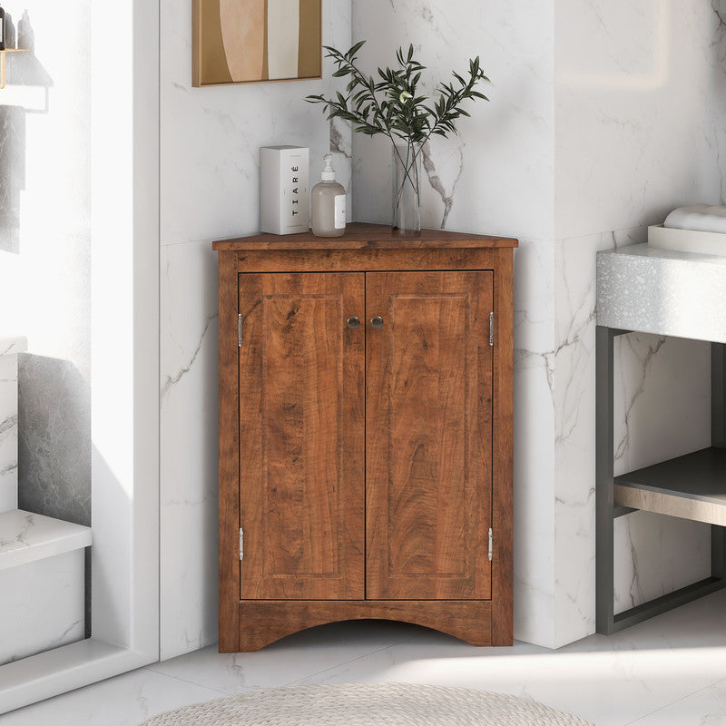 Oak Triangle Bathroom Storage Cabinet with Adjustable Shelves, Freestanding Floor Cabinet