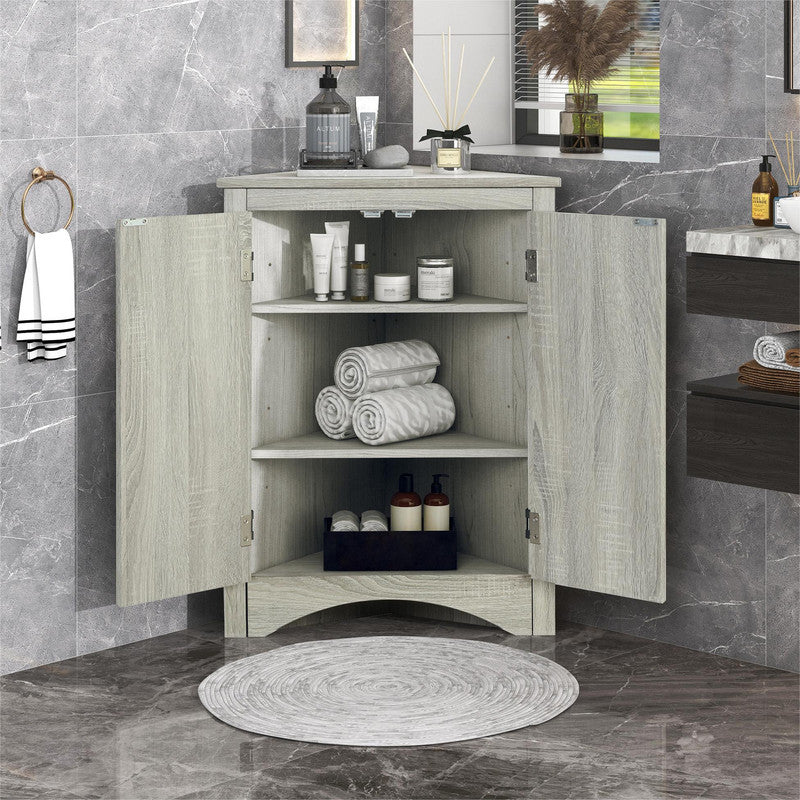 Oak Triangle Bathroom Storage Cabinet with Adjustable Shelves, Freestanding Floor Cabinet