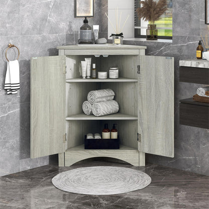 Oak Triangle Bathroom Storage Cabinet with Adjustable Shelves, Freestanding Floor Cabinet
