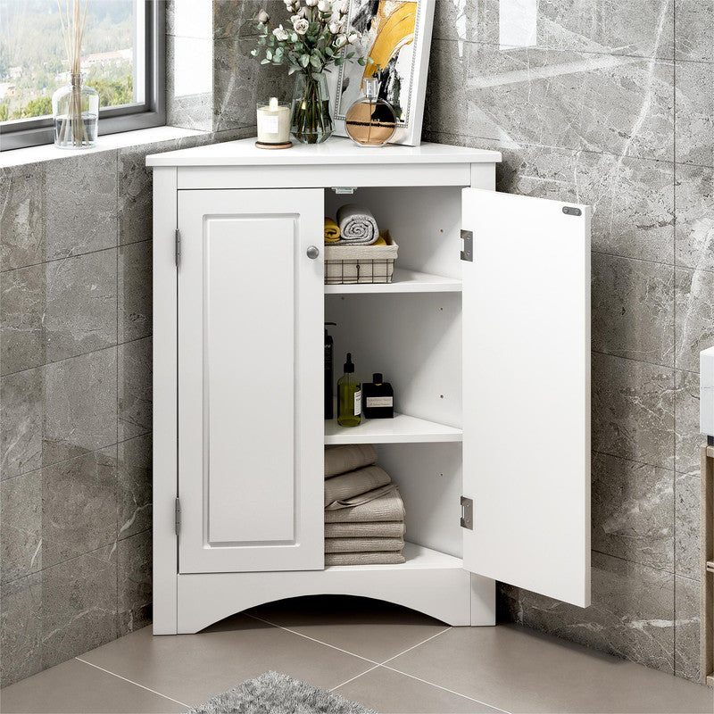 Oak Triangle Bathroom Storage Cabinet with Adjustable Shelves, Freestanding Floor Cabinet
