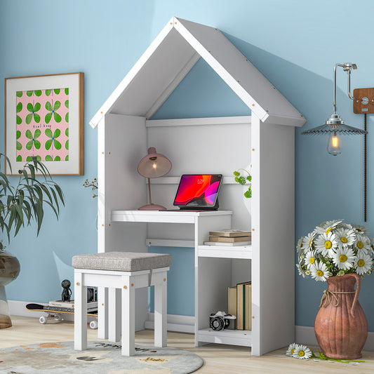House-Shaped Kids Desk with a Cushion Stool, House-Style Desk and Stool Set